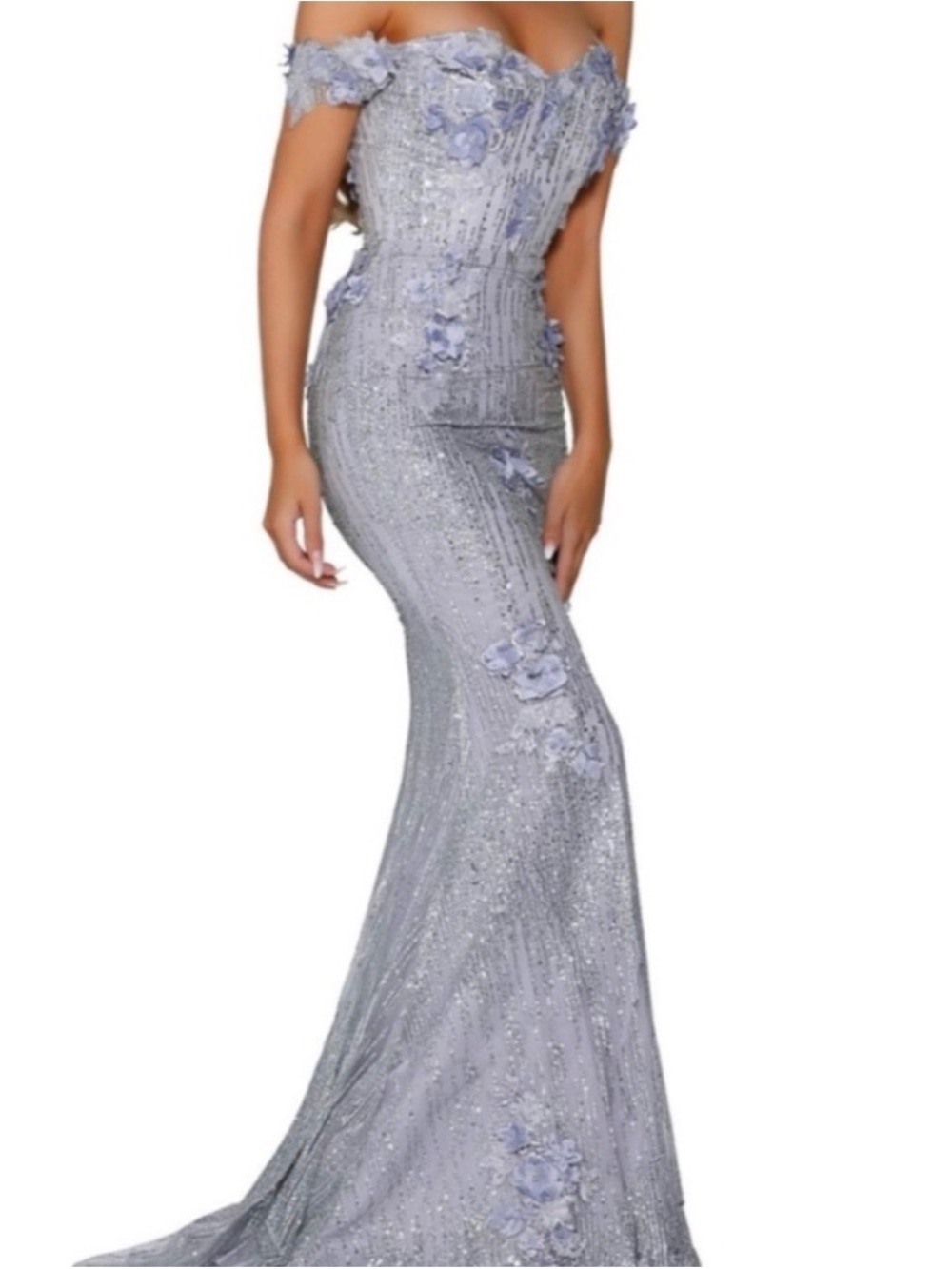 Portia and Scarlett Off-Shoulder Light Lavender Sequin Mermaid Gown w/ Train